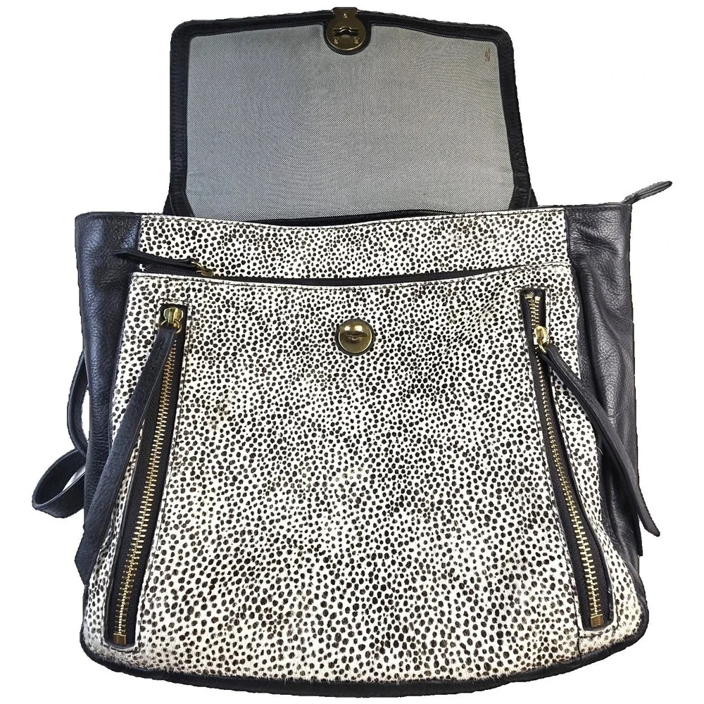 Fossil Amelia‎ Convertible Backpack White Cheetah Spotted  3-IN-1 Black Leather